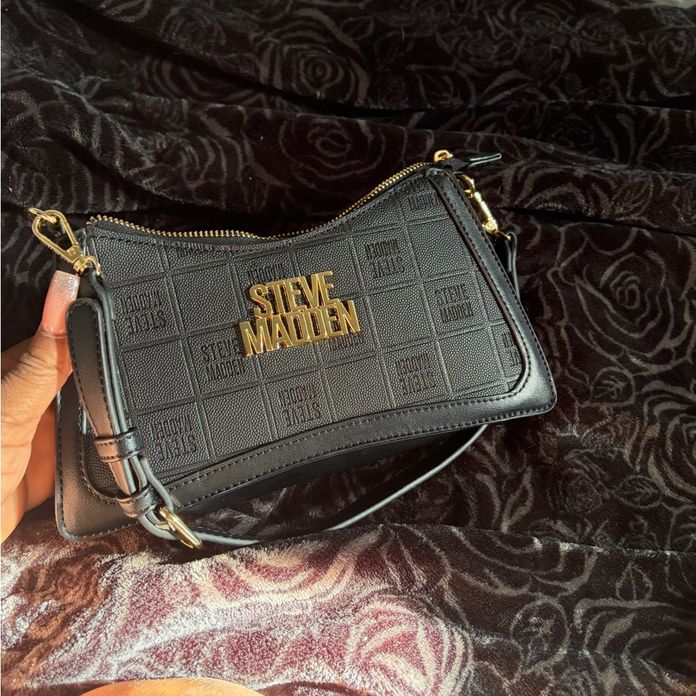 Steve Madden Black Logo Embossed Crossbody Bag with Gold Hardware
